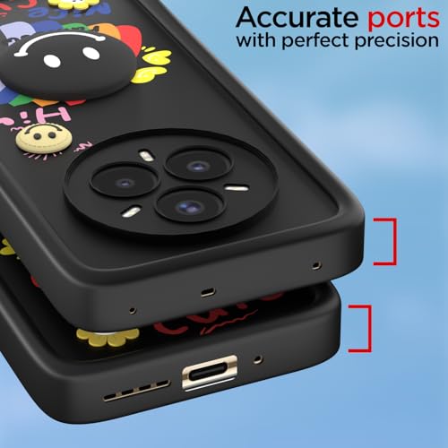 Image of Pikkme Back Cover for Realme 14 Pro Plus 5G | Soft Silicone| Cute Rainbow Smile & 3D Cartoon Flower Design | Shockproof Raised Camera Protection Bumper Case (Black)