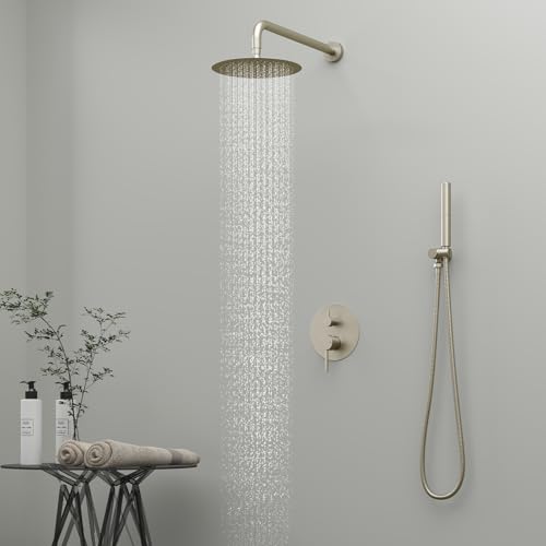 Image of BESy Shower System with 10 Inch Round Rain Shower Head and Handheld Wall Mounted, High Pressure Rainfall Shower Faucet Fixture Combo Set with 2 in 1 Handheld Showerhead for Bathroom, Nickel