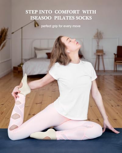 Iseasoo Pilates Socks for Women Non Slip Grip Socks Yoga Socks Ankle Grippy Socks Woman for Barre, Hospital, Barefoot3