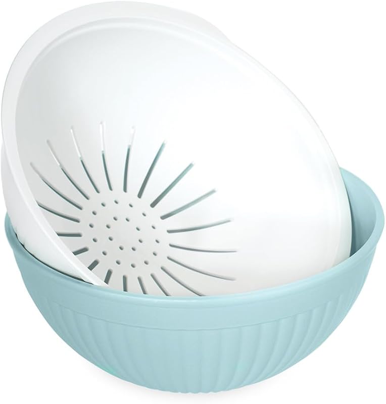 2-in-1 Colander Bowl Set, White and Sea Glass