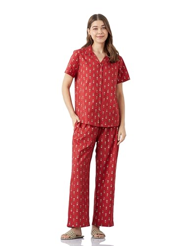 Image of Amazon Brand - Myx Women Cotton Shirt and Relaxed Pajama Set | Night Suit Set (Available in Plus Sizes)
