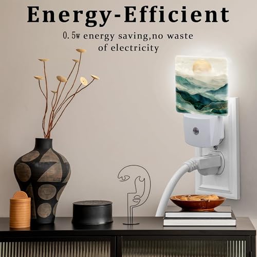 Image of Golden Mountains with Sun Night Light for Kids,Watercolor Sunrise Mountain Night Light Plug in with Dusk to Dawn Sensor,0.5w Energy Saving Nightlight for Hallway Stairway Kitchen Bedroom