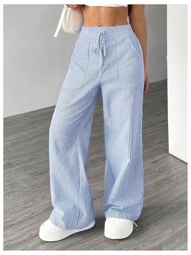 Women's Striped Wide Leg Pants Knot Front High Waisted Baggy Casual Lounge Boxer Pants4