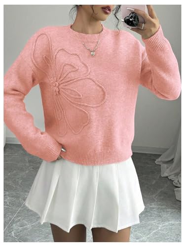 Image of RoseSeek Women's 3D Floral Appliques Crewneck Sweaters Long Sleeve Drop Shoulder Pullovers Elegant Knit Tops