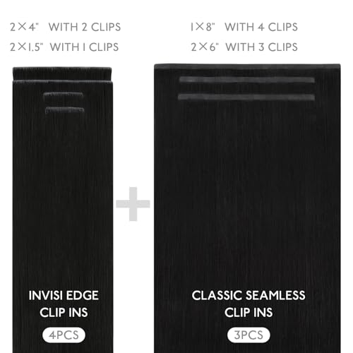 Image of WENNALIFE Invisi Edge & Classic Seamless Clip in Hair Extensions Real Human Hair, 12 Inch 80g 7pcs Jet Black Hair Extensions for Women Invisible Straight Injection Extensiones de Cabello Humano