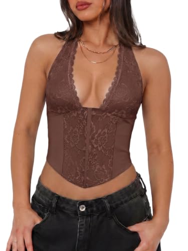 UNCOOYEE Women Summer Sexy Lace Halter Neck Tank Top Sleeveless Backless Y2k Trendy Going Out Corset Crop Tops Chocolate Small