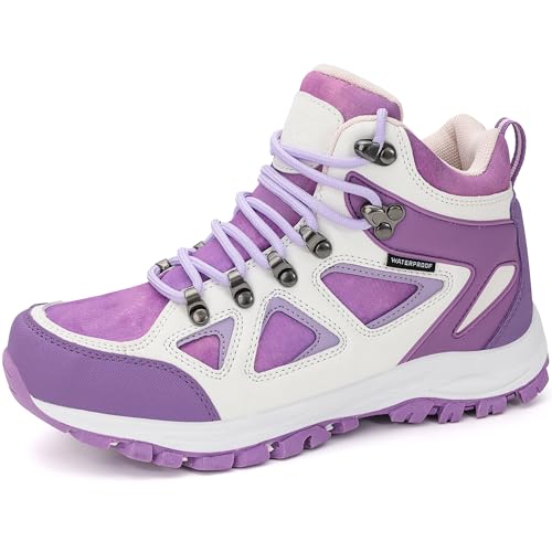 R CORD Kids Hiking Boots Outdoor Ankle Hiking Boots Girls Trekking Walking Boots with Lace-Up PurpleWhite 13 Little kid