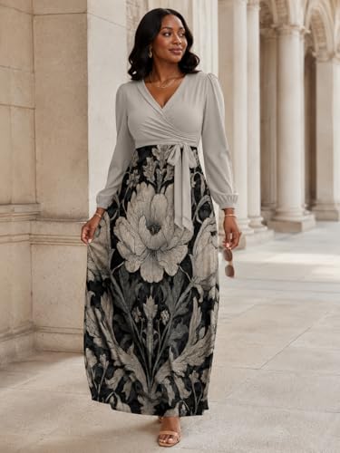 Image of PinkPatty Plus Size Dresses for Curvy Women V Neck Flowy Long Sleeves Wrap Maxi Dress Travel Vacation Outfits