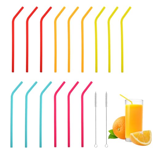 MIRKUZI Pailles réutilisables Silicone Multicolores Paquet de 15 Pailles Incurvées avec 2 Brosses de Nettoyage pour Enfants et Adultes