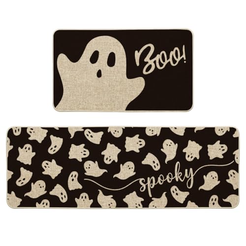 Artoid Mode Spooky Ghosts Boo Halloween Kitchen Mats Set of 2 Black Home Decor Low-Profile Kitchen Rugs for Floor - 17x29 and 17x47 Inch