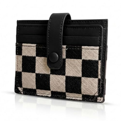 TURBOOST Cute Slim Card Holder Canvas Front Pocket Checkered Wallet, Small Credit Card Case for Women (Black)