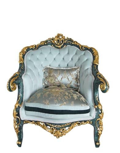 ANTIKER ARMLEHNSESSEL „CHÂTEAU DES VERSAILLES“ – Barock Sessel um 1930 neu bezogen Holzrahmen mit Schnitzereien Handbemalt Vintage Thronsessel Louis XV Stil 110×90×60 cm Sitzhöhe 52 cm Antik Möbel