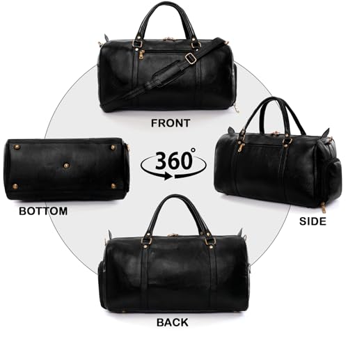 Image of HYATT Leather Accessories Weekender Travel Duffle Bag with Separate Shoe /Laundry Compartment for Men & Women Made of Natural Dry-Milled Leather (Black)