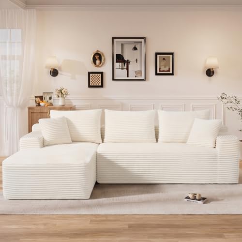 Image of 108 inch L Shaped Cloud Boneless Sectional Couches for Living Room, Modern Comfy Modular Deep Seat Memory Foam Compressed Corduroy Sofa Oversized Left Facing Chaise, No Assembly Required, White