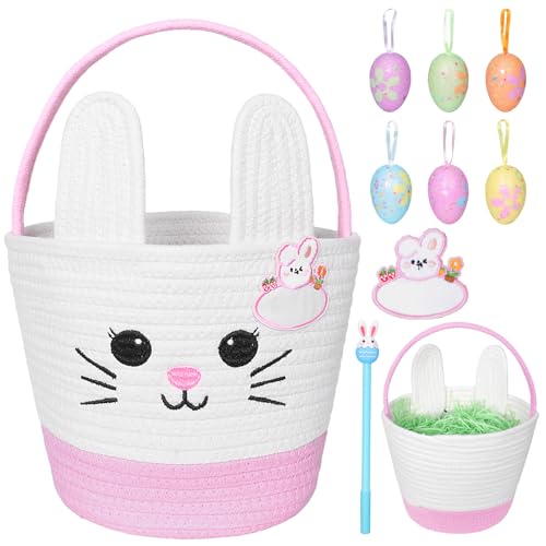 Antsparty Cestino pasquale con manico, cestino pasquale per bambini, cestino pasquale con uova di Pasqua, per appendere targhette con nome, piuma, coniglietti pasquali, sacchetti pasquali da riempire