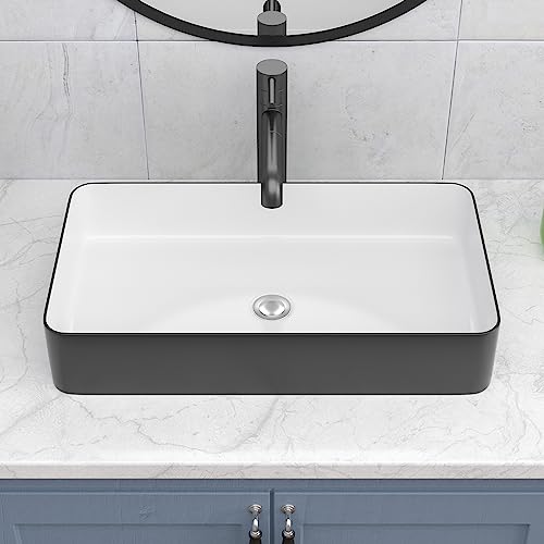 24 Rectangle Vessel Sink- Lepuday 24"X14" Matte Black And White Bathroom Sink Rectangular Above Counter Ceramic Porcelain Countertop Vanity Sink Art Basin #TOP4