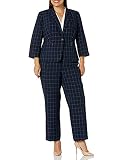 Le Suit Women's Plus Size Windowpane 1 Button Jacket 3/4 Sleeve & Kate Pant, Navy/White, 18W