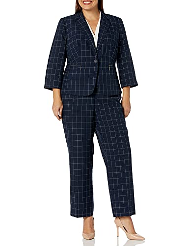 Le Suit Women's Plus Size Windowpane 1 Button Jacket 3/4 Sleeve & Kate Pant, Navy/White, 18W #TOP25