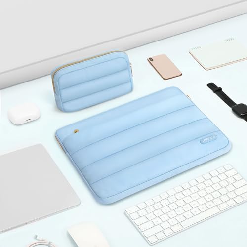 Image of MOSISO 13-14 inch Laptop Case, 13.3 inch Puffy Laptop Sleeve Compatible with MacBook Air 13 13.6 M3 M2 M1 /Pro 13 /Pro 14, HP, Dell, ASUS, Lenovo, Polyester Horizontal Bag with Small Case, Air Blue