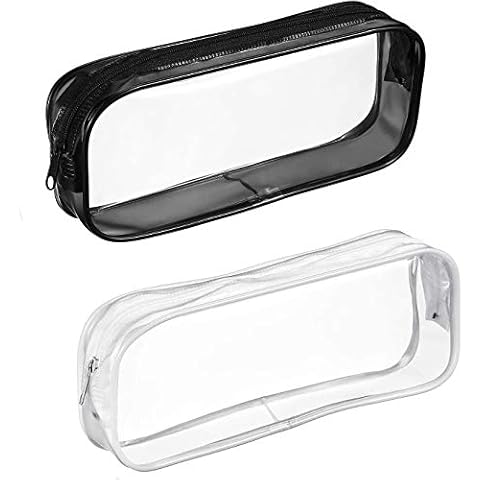 FONYA2 Pcs Clear Pen Pencil Big Capacity Pencil Case Bag Storage Bag Holder Transparent PVC Pen Bag Pencil Pouch with Zipper for School Supplies, Travel Cosmetic Makeup Bag, White and Black Cover