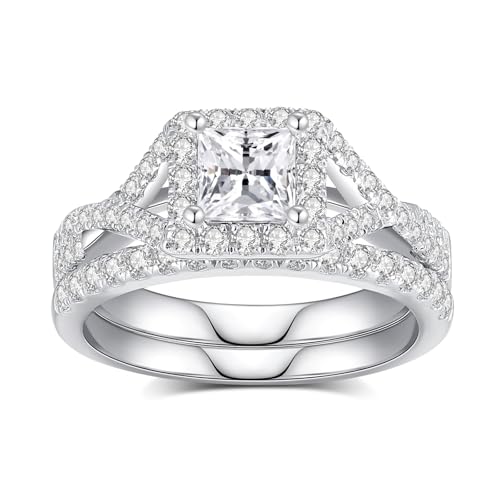 Image of Moissanite Wedding Ring Sets D Color VVS1 Moissanite Ring Sets,Moissanite Engagement Ring 18K White Gold Plated 925 Sterling Silver Moissanite Ring