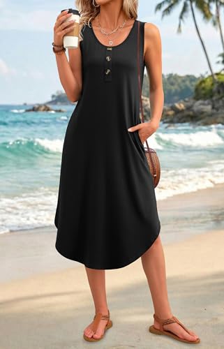 Image of WIHOLL Summer Dresses for Women 2026 Button Front Sleeveless Casual Midi Dress Beach Vacation Sundresses with Pockets