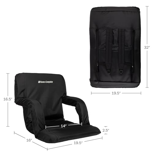 2-Pack of Premium Reclining Bleacher Chairs with Back and Cushion, Armrests, 6 Adjustable Positions and Carry Straps - Portable Stadium Seats with Back Support by Home-Complete (Black) image 3