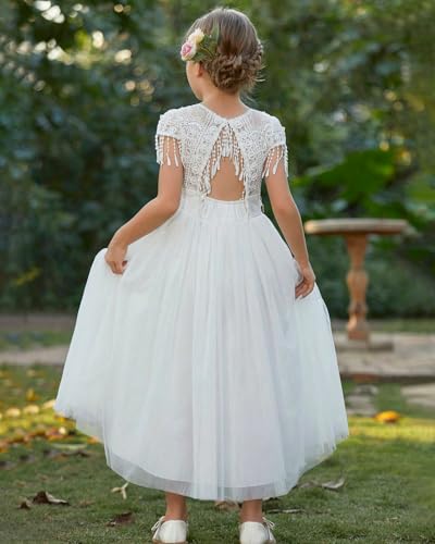 BIBIHOU Girls Lace Dress Boho Backless A Line Short Sleeve Party Flower Girl Dress 4-14 Years2
