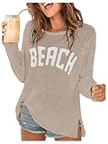 COZYEASE Women's Beach Cover Up Letter Print Long Sleeve Sweater Crew Neck Split Hem Crochet Jumper Top Light Khaki Small