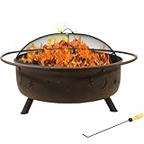 Sunnydaze Cosmic 42-Inch Large Outdoor Fire Pit - Wood-Burning Fire Pit with Round Spark Screen, Poker, and Built-in Grate