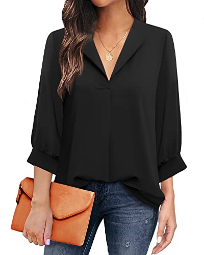 Gaharu Damen Shirt 3/4 Arm Schwarz Elegant Baumwolle Bluse Schick Damen...