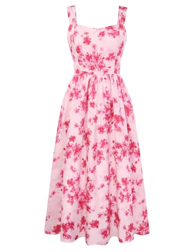Belle Poque Women's Floral Midi Sundress with Pockets Sweetheart A Line Spring Summer Dresses for Wedding Guest Pink 2XL
