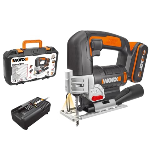 WORX WX543 akumulatorowa wyrzynarka wahadłowa, 20 V, profesjonalna wyrzynarka z adapterem ssącym, idealna również do cięcia ukośnego, kompatybilna z PowerShare czarna