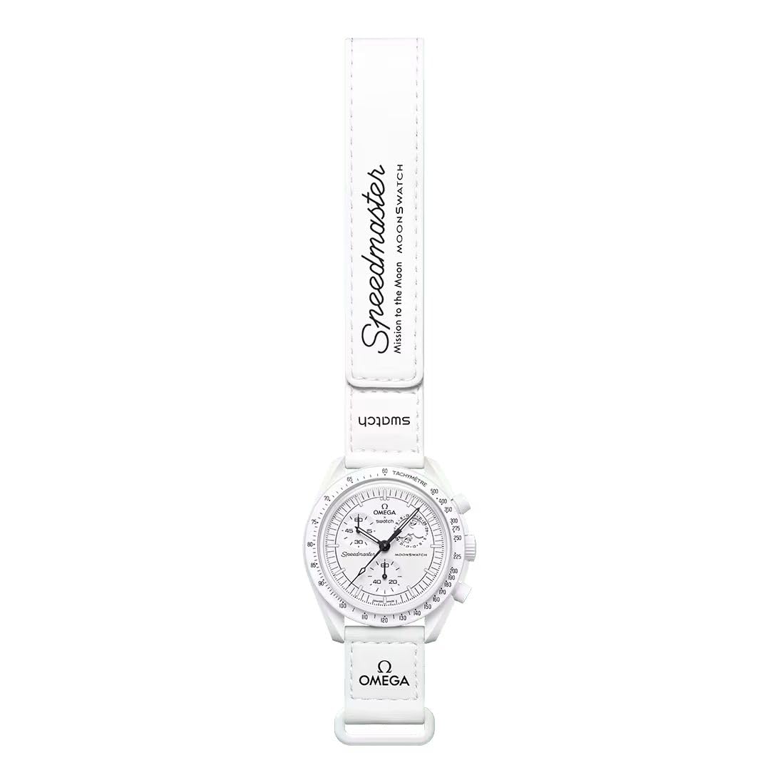 Swatch Armbanduhr Moonswatch Omega x Mission to the Moonphase Snoopy, Weiß, Armband