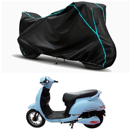 Image of Waterproof Bike Body Cover Compatible for | Hero Electric AE-8 | Taffeta Fabric, Sky Piping Design, Bottom Elastic Fit | Dustproof, Sun UV & Rain Protection for All Weather.