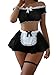 Foxiny Sexy Stockings Mini Skirt Mesh Sheer Lace Halloween Costume Maid Outfit Lingerie with Thong Set 4 Piece Women Roleplay See Through Matching Bra Panty Underwear Black Small