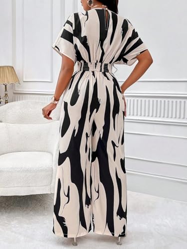 Image of PerZeal Women's V-Neck Short Sleeve Printed Jumpsuit with Pockets - Casual Wide Leg One-Piece Romper for Summer（S-XXL）