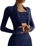 FEOYA - Chaqueta de deporte para mujer, de secado rápido, chaqueta de correr con caros de pulgar para yoga, fitness, azul, S