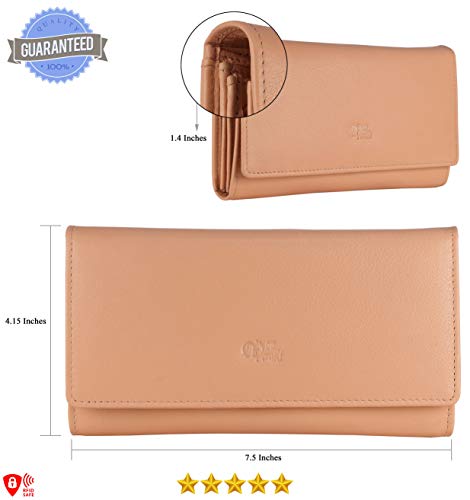 Image of Women's Top Grain Leather Wallet, RFID Blocking Bifold clutch, 17 Card Slots, Zip Pocket Organizer, Elegant Gift for Women - Birthday, Valentine, Anniversary - NATURAL