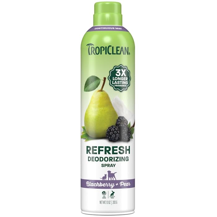 TropiClean Dog Perfume BlackBerry Pear Scented Dog Deodorizing Spray 3X Long-Lasting Scent After Bath Cologne & Detangling Spray 10oz.