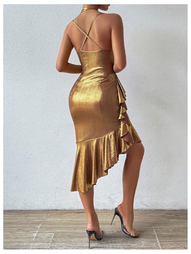 SOLY HUX Women's Metallic Bodycon Dresses Sexy Ruffle Asymmetrical Club Party Prom Midi Dress2