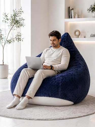 Image of Mollismoons Faux Fur Bean Bag Chair Cover for Adults & Kids | Luxury Lounger & Round Floor Sofa Seating | Modern Cozy Feel | No Beans Included (Navy Blue, Teardrop)