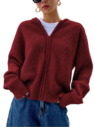 Image of SOLY HUX Zip Up Cardigan for Women Hooded Cardigan Sweater Knitted Drop Shoulder Fall Clothes Winter Hoodies Outerwear