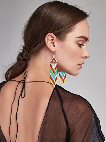 BBTO 4 Pcs Long Beaded Tassel Earrings Bohemia Native Handmade Statement Fringe Drop Boho Dangle Tassel Earrings for Women(Exotic)4