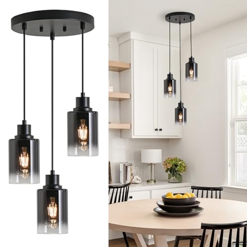Image of 3-Light Black Pendant Lighting, Adjustable Modern Pendant Lights for Kitchen Island, Industrial Cluster Hanging Lights for Dining Table Hallway Bedroom Living Room
