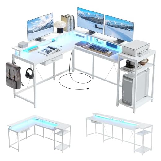 Jojoka 68" L Shaped Gaming Desk, Computer Desk with Power Outlets & LED Lights, Home Office Desk with File Drawer, Corner Desk with Monitor Shelf and Hook, Two Person Desk (White)