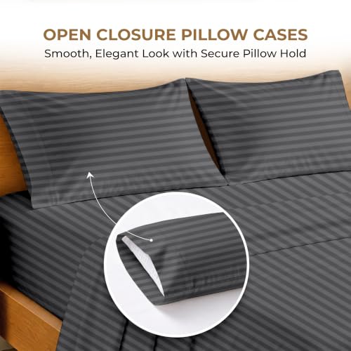 Image of SGI bedding RV Short Queen Sheet Set 60x75, 600 TC Egyptian Cotton, 4 Piece Luxury Hotel Collection, Ultra Soft & Breathable, Fits RV Mattress Camper & Trailer, 15 Inch Pocket, Dark Grey Stripe