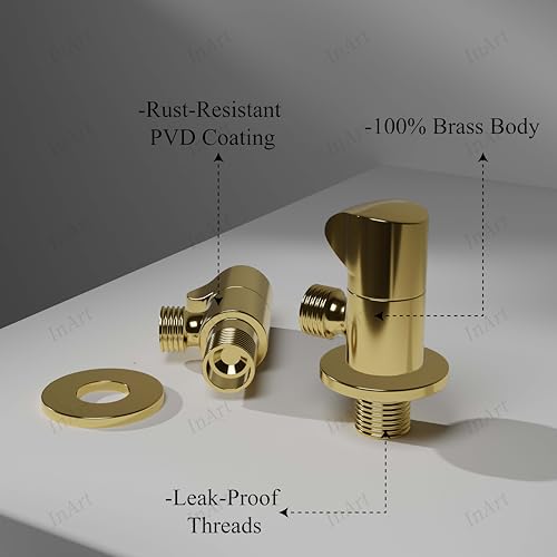 Image of InArt Heavy-Duty Brass Angle Valve for Bathroom & Kitchen | Leakproof 1-Way Angle Stop Cock with Wall Flange | Glossy Gold - 5 Year Warranty