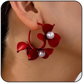 Flower Petal Open Hoop Earrings Colorful Large Flower Dangle Drop Earrings Trendy Floral Pearl Hoop Earrings Party Jewelry Accessories for Women