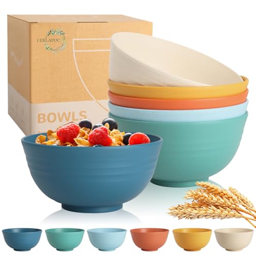 Image of Wheat Straw Bowls, 26 OZ Cereal Bowls Set of 6, Unbreakable Salad and Soup Bowls for Kitchen, Microwave & Dishwasher Safe Bowl Set, Plastic Camping Bowl - Multi